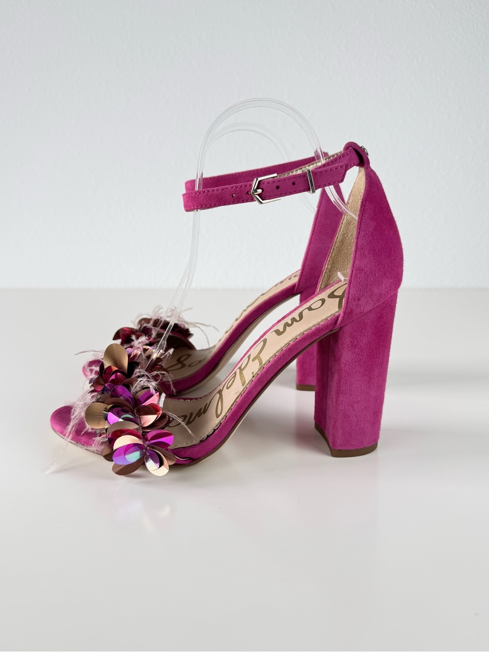 Sam Edelman Yal Heels Pink Suede, Sequins, Feathers Ankle Strap Size 7.5 - Picture 3 of 9